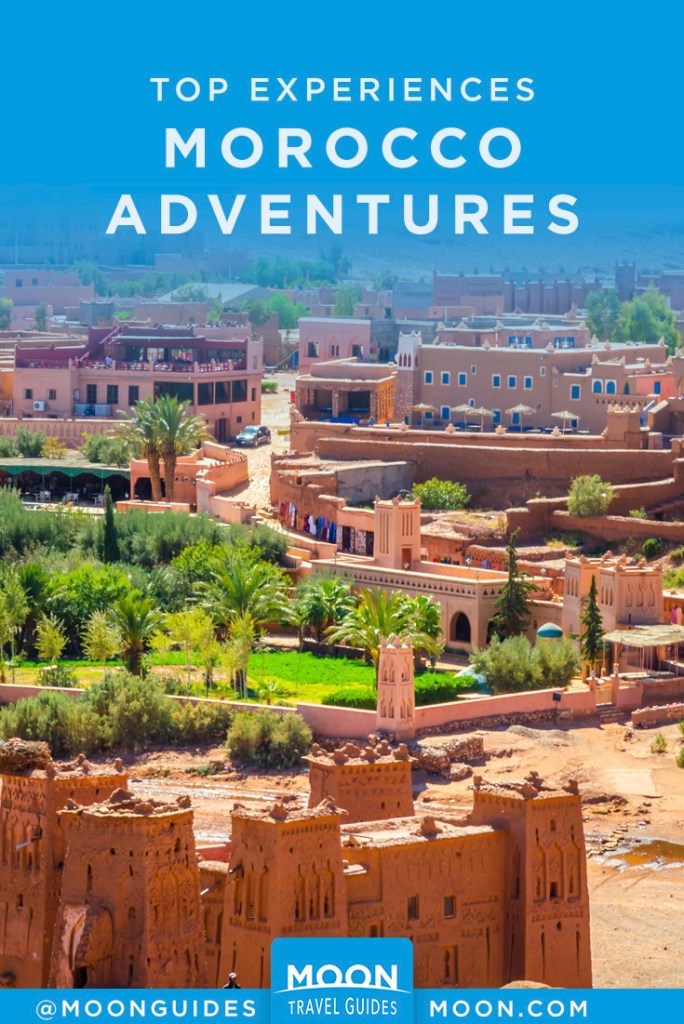 Sunny landscape of a desert village in Morocco. Pinterest graphic.