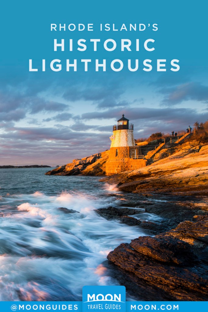 Ocean waves breaking on shore with Castle Hill Lighthouse in RI. Pinterest Graphic.