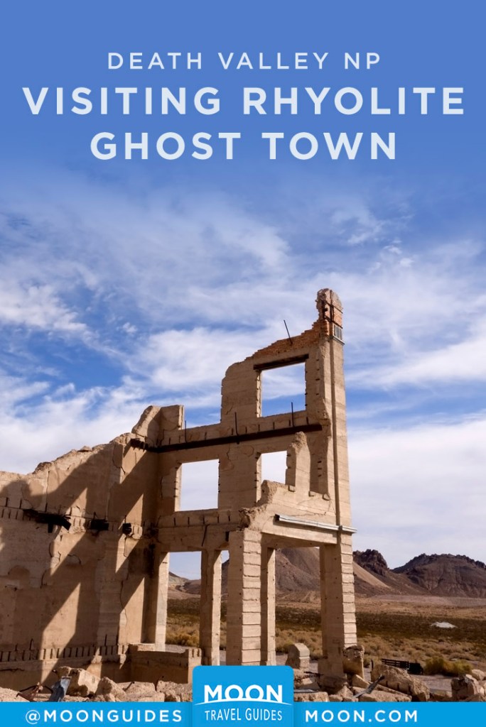 Ruined building facade in Rhyolite. Pinterest Graphic.