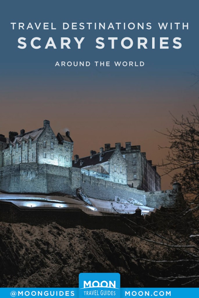 Edinburgh Castle, Scotland, at night. Pinterest Graphic.