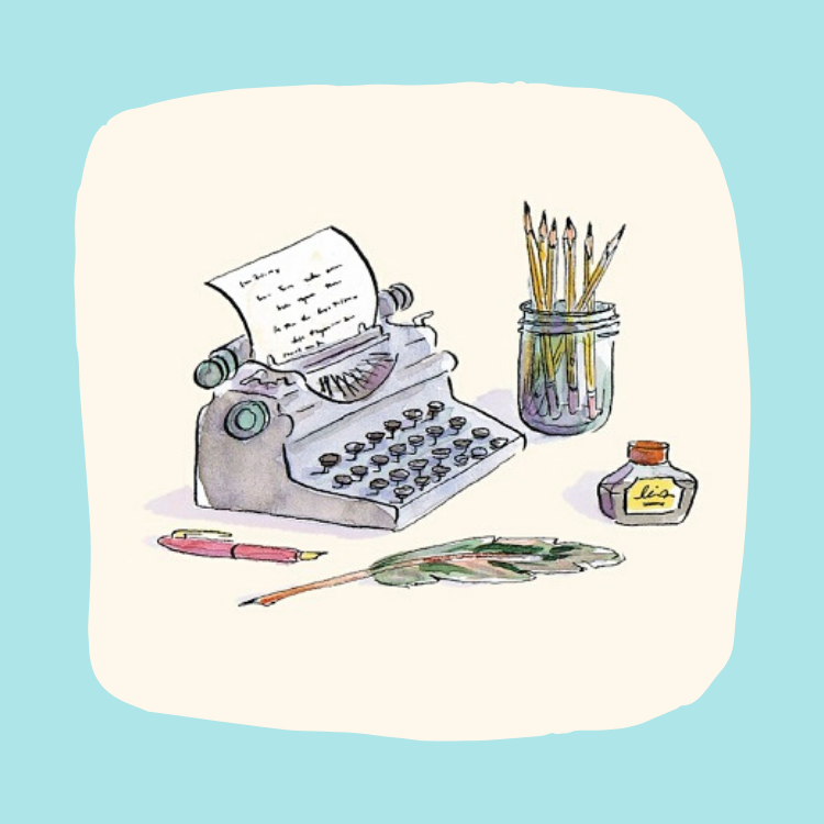 An image of a poet's writing tools including a quill pen, ink, fountain pen, pencils and typewriter. 