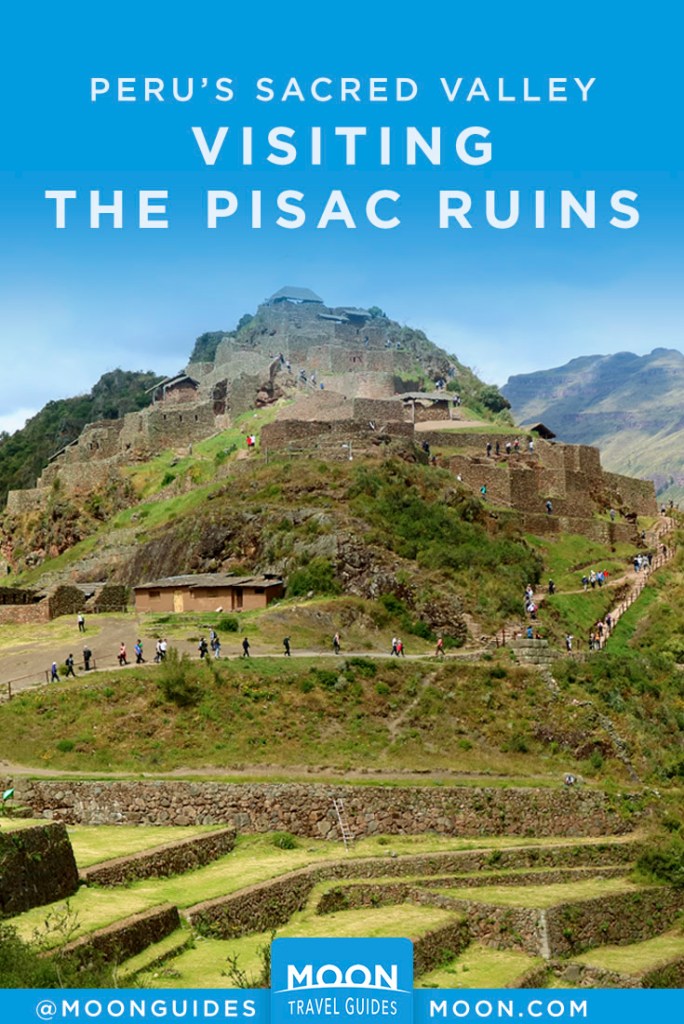 People walking an uphill path to see Inca ruins. Pinterest graphic.
