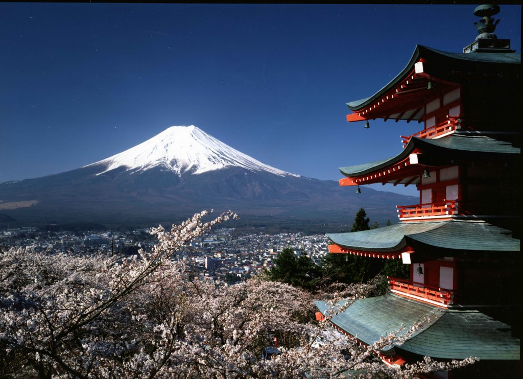 Chureito Peace Pagoda with mount fuji in the distance