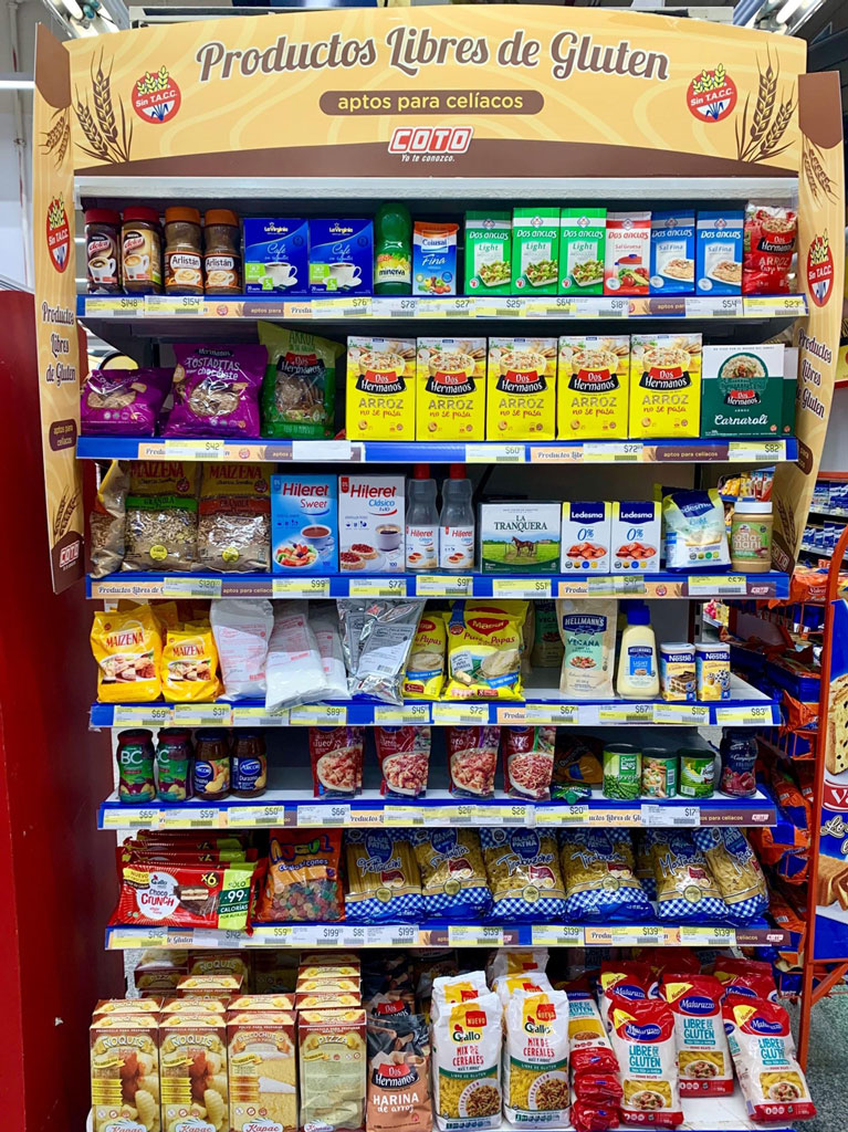 supermarket display of gluten-free food products
