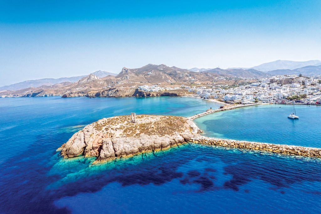 Ariel View of Naxos Town with clear blue water