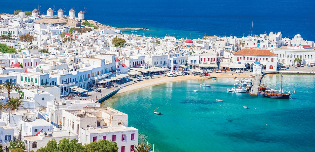 View of the Mykonos Port with clear blue water