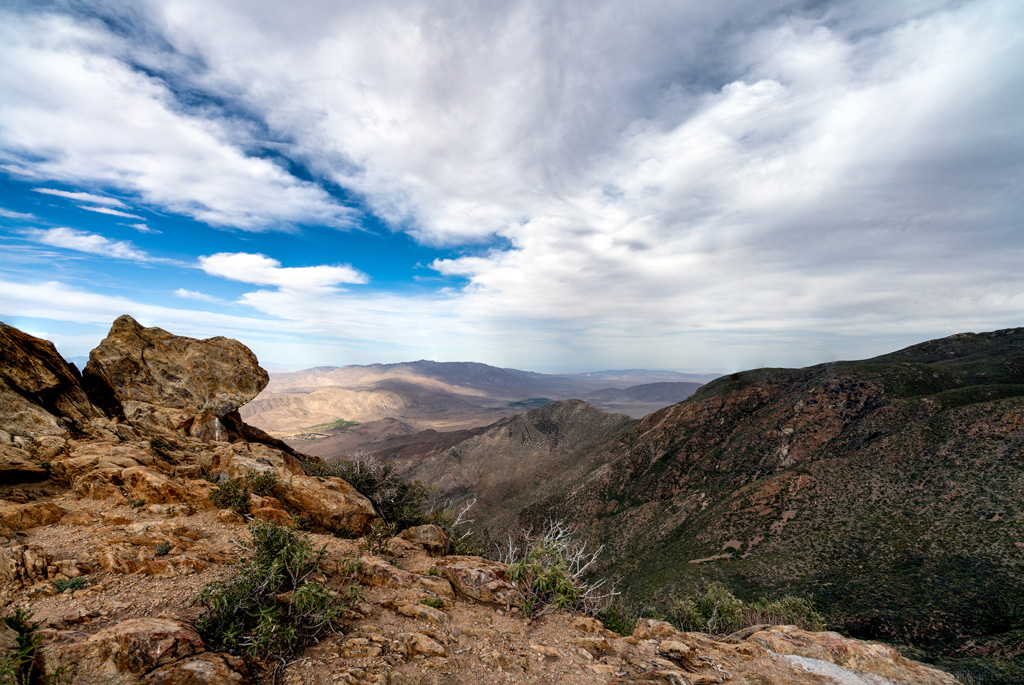 View of Mount Baden-Powelll with clear skies and rocky moutnains