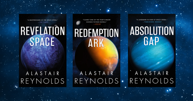 Alastair Reynolds books against space background