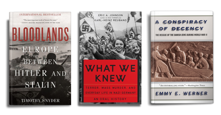 three book covers of 8 Important Books About the Holocaust