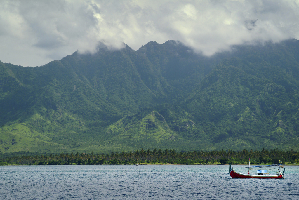 Photo of West Bali National Park with a view of green mountains and a boat on the ocean.