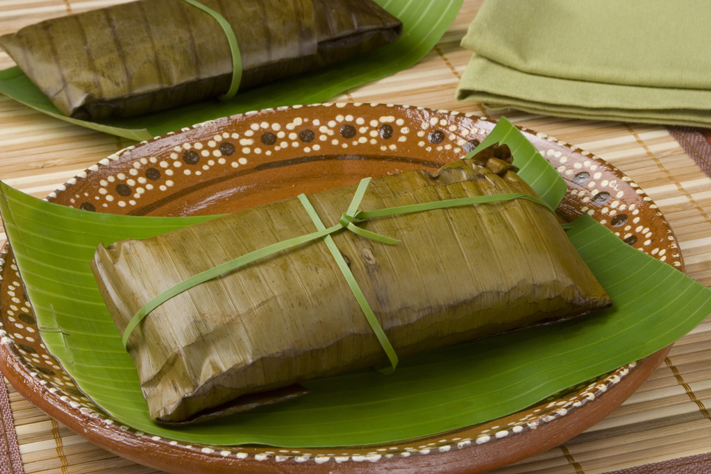 photo of a wrapped oaxacan tamal on a plate