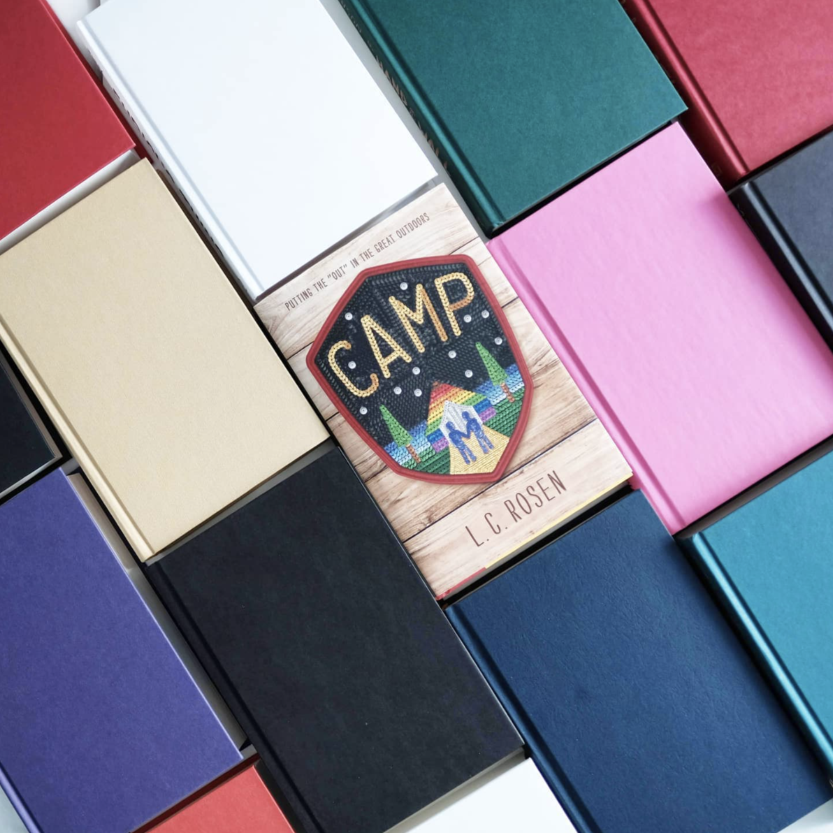 NOVL - Instagram image of book cover for 'Camp' by L.C. Rosen sitting directly in the middle of columns of multicolored hardcover books
