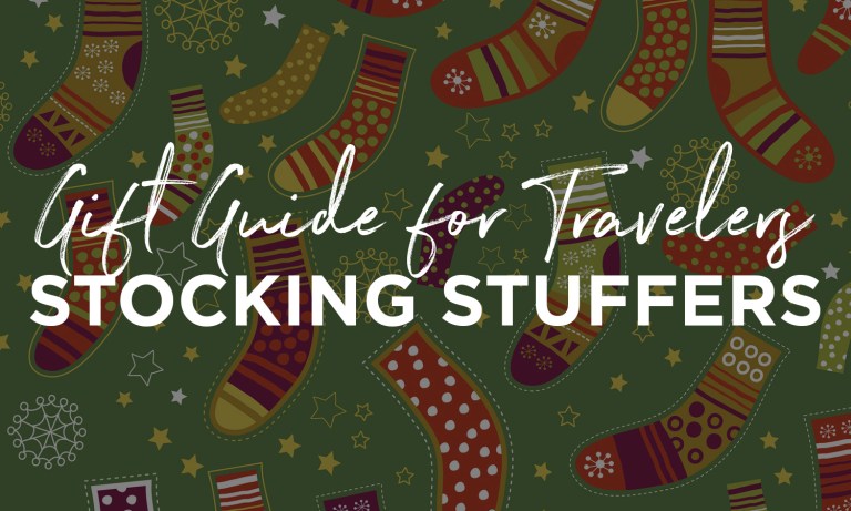 stockings graphic with overlaid text reading gift guide for travelers stocking stuffers