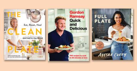 three cookbooks on beige background