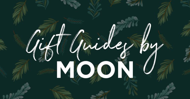 pine leaves background overlaid with text reading gift guides by moon