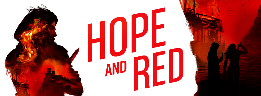 A roguish silhouette stands against a while backdrop. The words "Hope and Red" sit beside it at a diagonal is a bright blood red. 