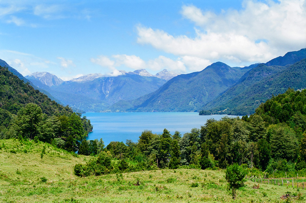 View of Lago Todos Los Santos in Parque Nacional Vicente Pérez Rosales with crystal blue waters, and vibrant green trees.