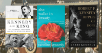 3 Kennedy Books on top of a background of JFK giving a speech