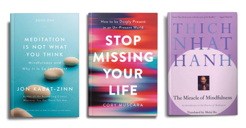 three books on meditation on a white background