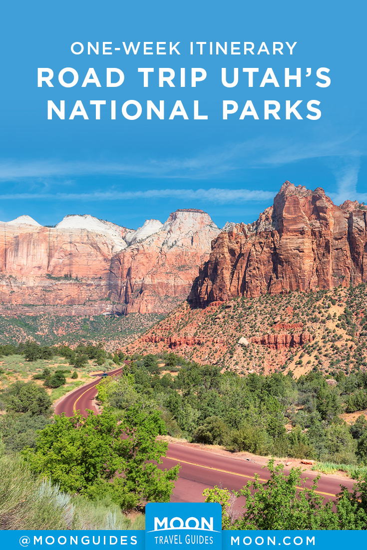 pinterest graphic depicting a two-lane road winding through sandstone in utah with overlaid text reading road trip utah's national parks