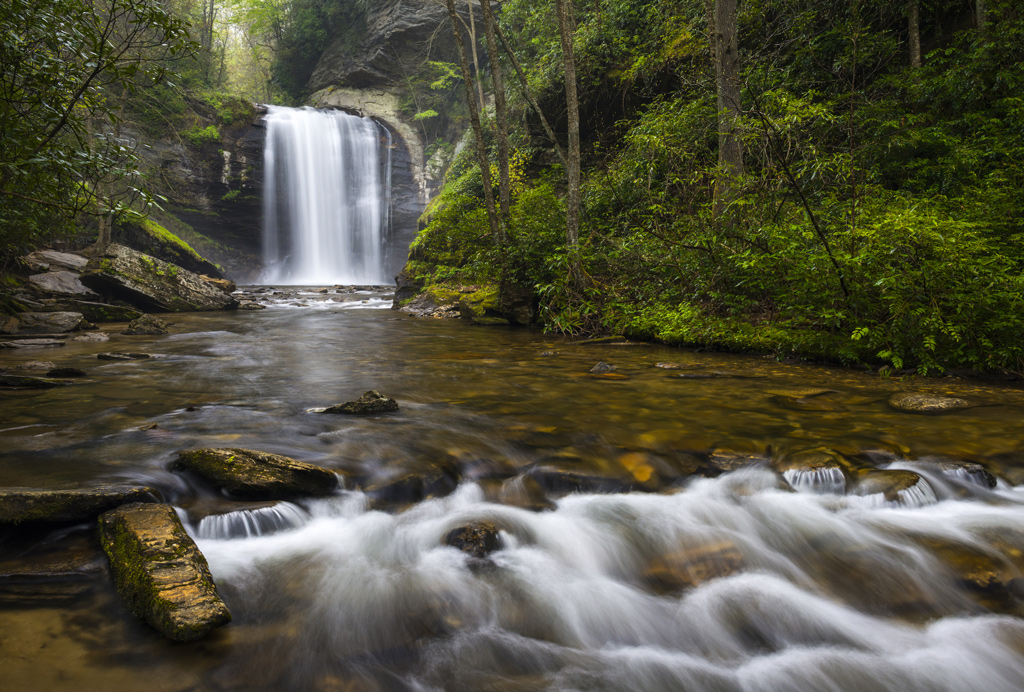 Looking Glass Falls North Carolina Blue Ridge Parkway Waterfalls near Brevard in Western NC Appalachian Mountains.