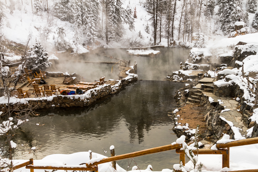 Strawberry Park Hot Spings natural hot springs in winter after freshly fallen snow