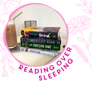 NOVL - Image of pile of books and cup of iced coffee in circle that is titled 'Reading over sleeping'