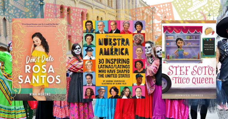 3 Books Celebrating Hispanic Heritage on a Background of a festival