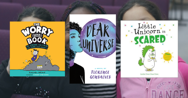 3 Children's Books About Mental Health on a Background with 3 girls of color