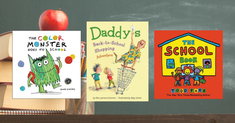 3 Back to School Books on a School Board Background