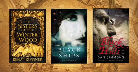 3 Historical Fantasy Novels on a brown background that is a map