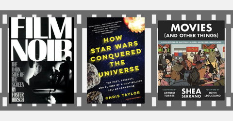 3 Film History Books on a black and white film background