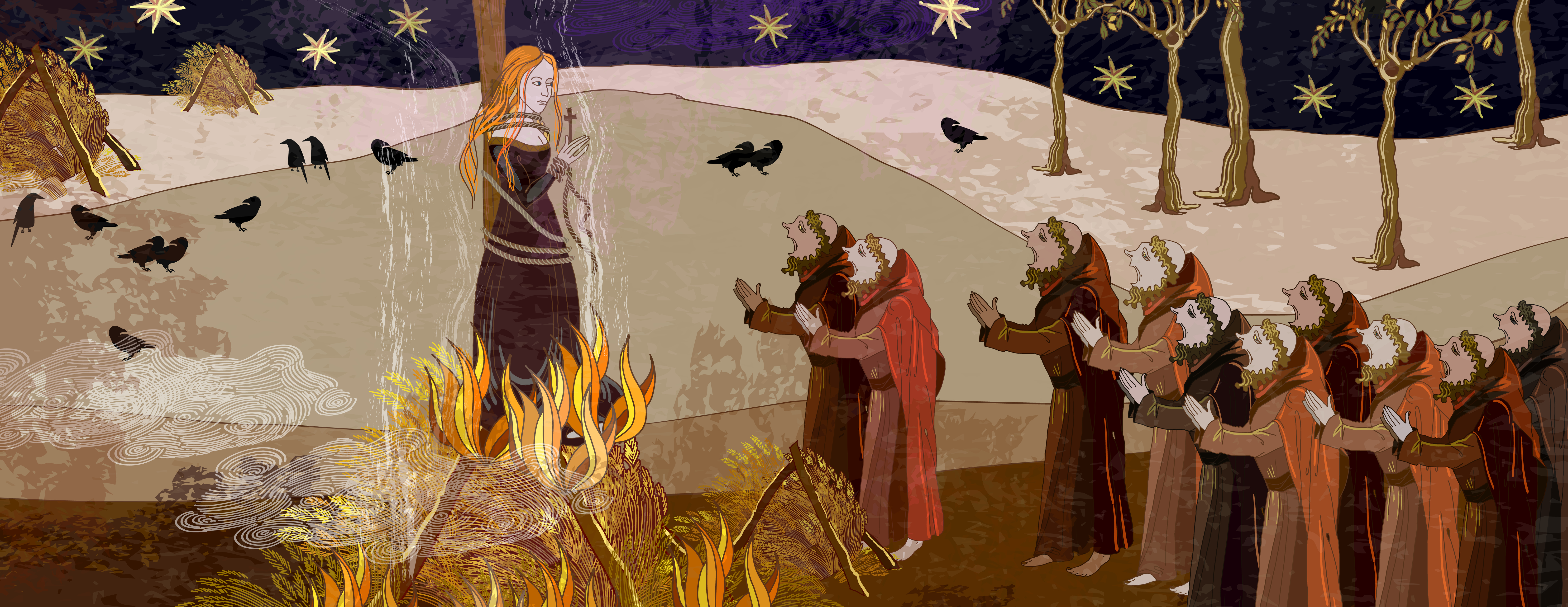 Medieval scene. Inquisition. Burning witches. Monks at a fire with the witch. Ancient book illustration. Middle Ages parchment style. Joan of Arc (Jeanne d'Arc) concept