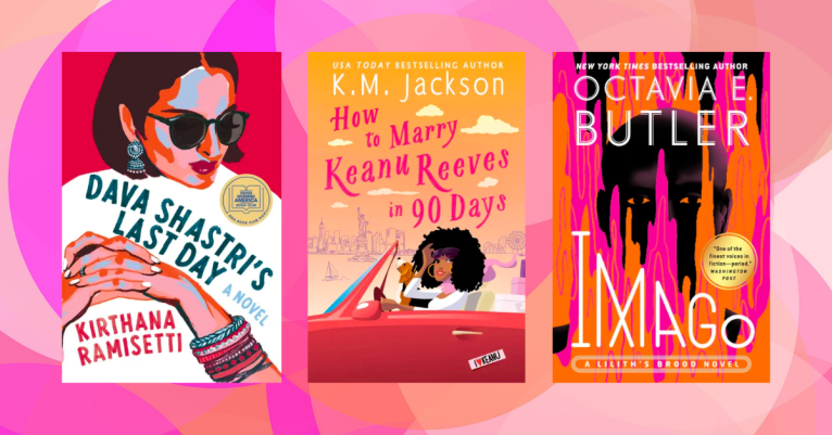 three book covers on a pink background