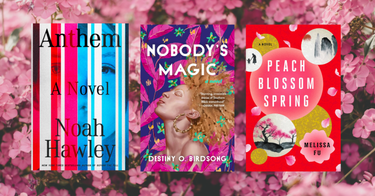three book covers on a pink flower background
