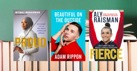 three books with a shelf of books as the background