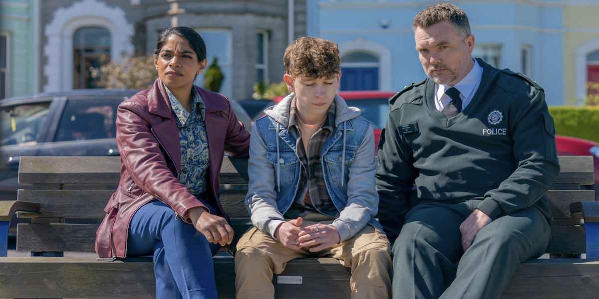 Amara Karan (DC Leila Hussain), Louis McCartney (Shay O’Hare), and Ciarán McMenamin (Insp. Finn O’Hare) Courtesy of BritBox