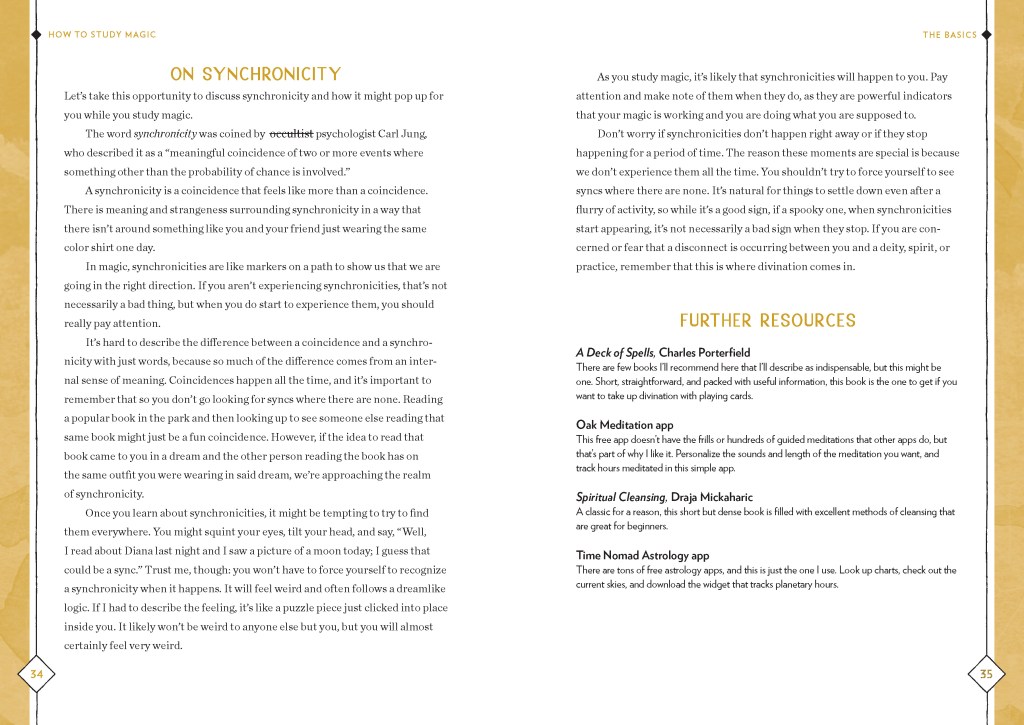 Interior Spread of How to Study Magic featuring sections on Synchronicity and Further Reading