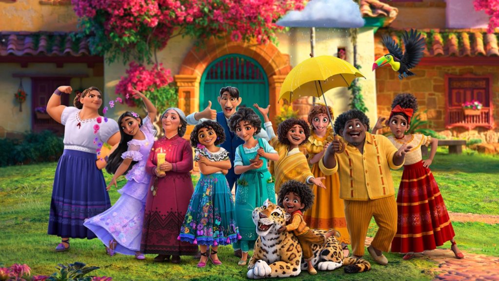Disney's Encanto family members (L-R) Luisa, Isabela, Abuela, Mirabel, Agustin, Julieta, Camilo, Pepa, Felix, Dolores, Antonio, and Bruno
