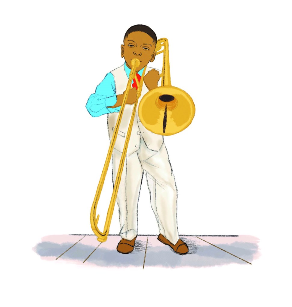 Young Boy with Trombone illustration from A Child's Introduction to Jazz