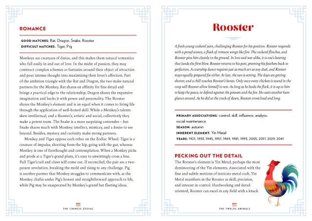 Interior spread of the section on Monkey, page 4, plus opening of the section on Rooster