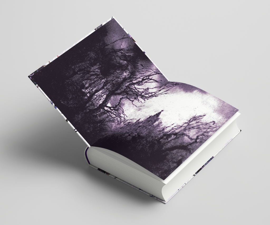 3d mockup of the front endpapers of the regular edition first printing of Belladonna