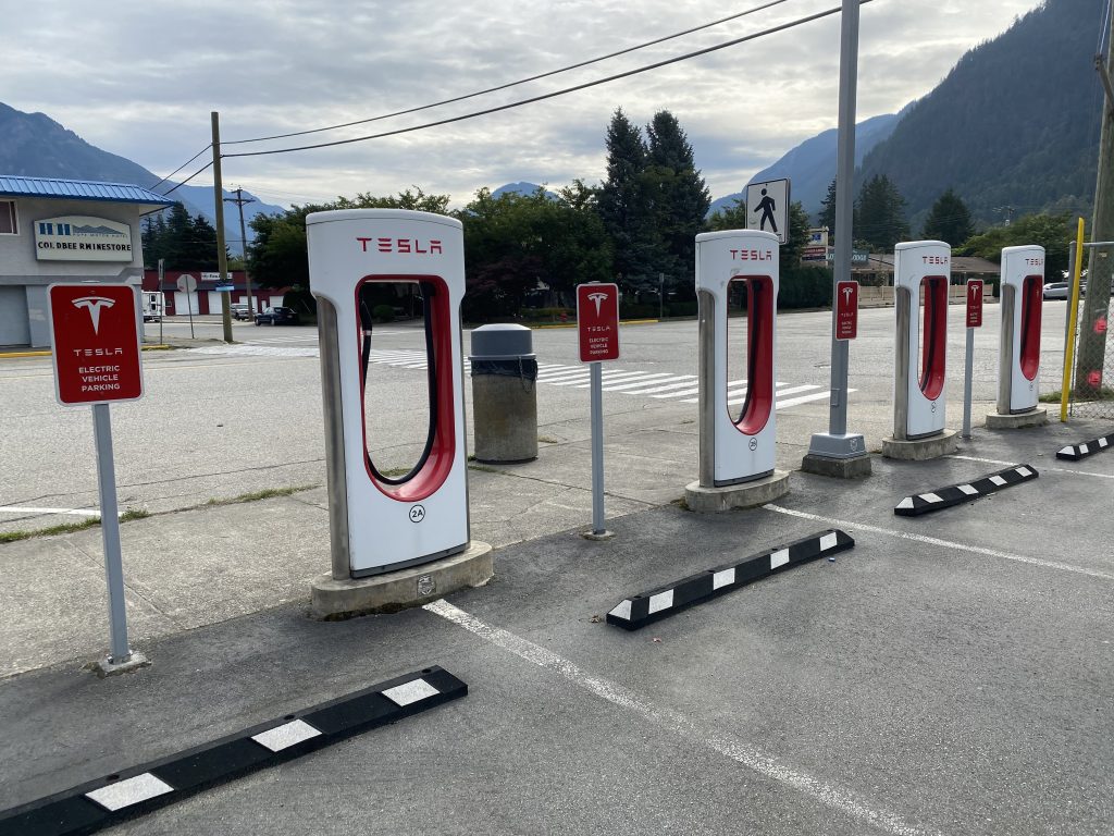 A bank of EV chargers in Hope, British Columbia