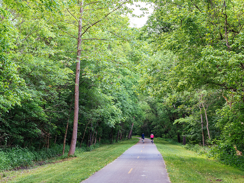 paved road through trees on little miami scenic trail with cyclers in the distance