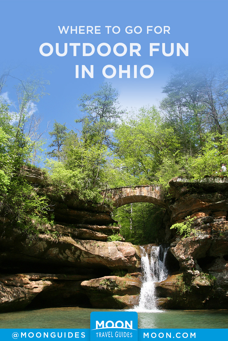 pinterest graphic with a photo of a waterfall and overlaid text reading outdoor fun in ohio