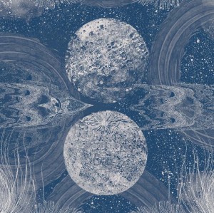 Illustrated art of the moon and stars in a blue and white color scheme