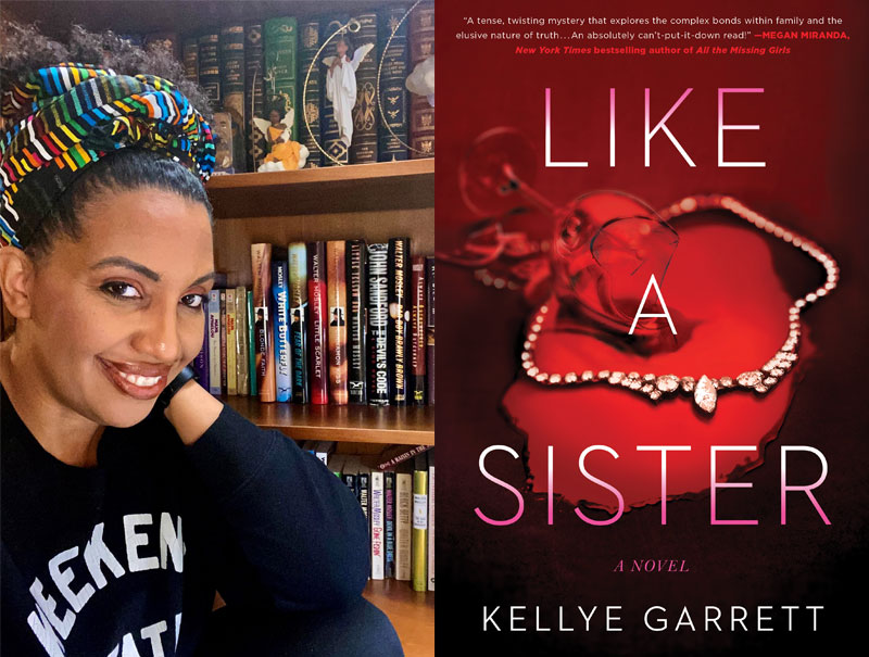 A photo of Kellye in front of her book shelf, next to the cover of her book, Like A Sister