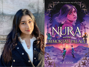 a photo of M.T. Khan next to the cover of her book, Nura and the Immortal Palace
