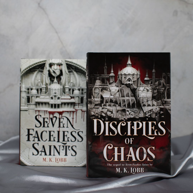 Image of the covers of the books 'Seven Faceless Saints' and 'Disciples of Chaos' by M. K. Lobb