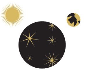 Mystical illustrations of three planets in black and gold
